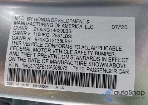 2025 Honda Accord Hybrid Ex-L z USA, uszkodzony, nr VIN 1HGCY2F61SA068075